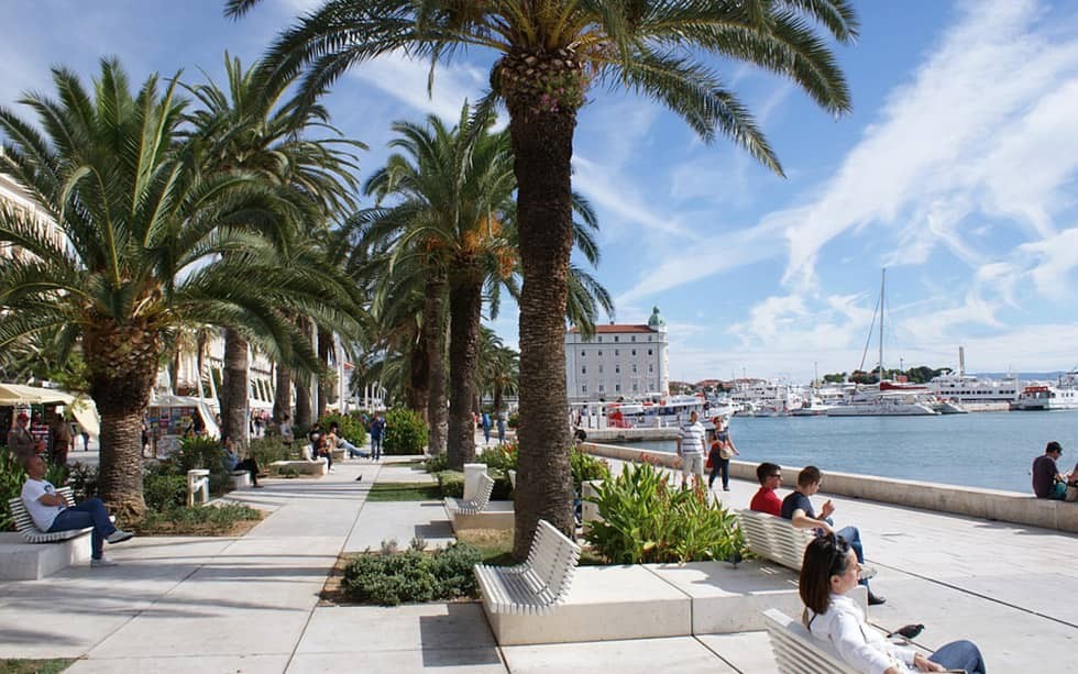 The Riva waterfront promenade in Split, lined with palm trees and looking out to the harbour
