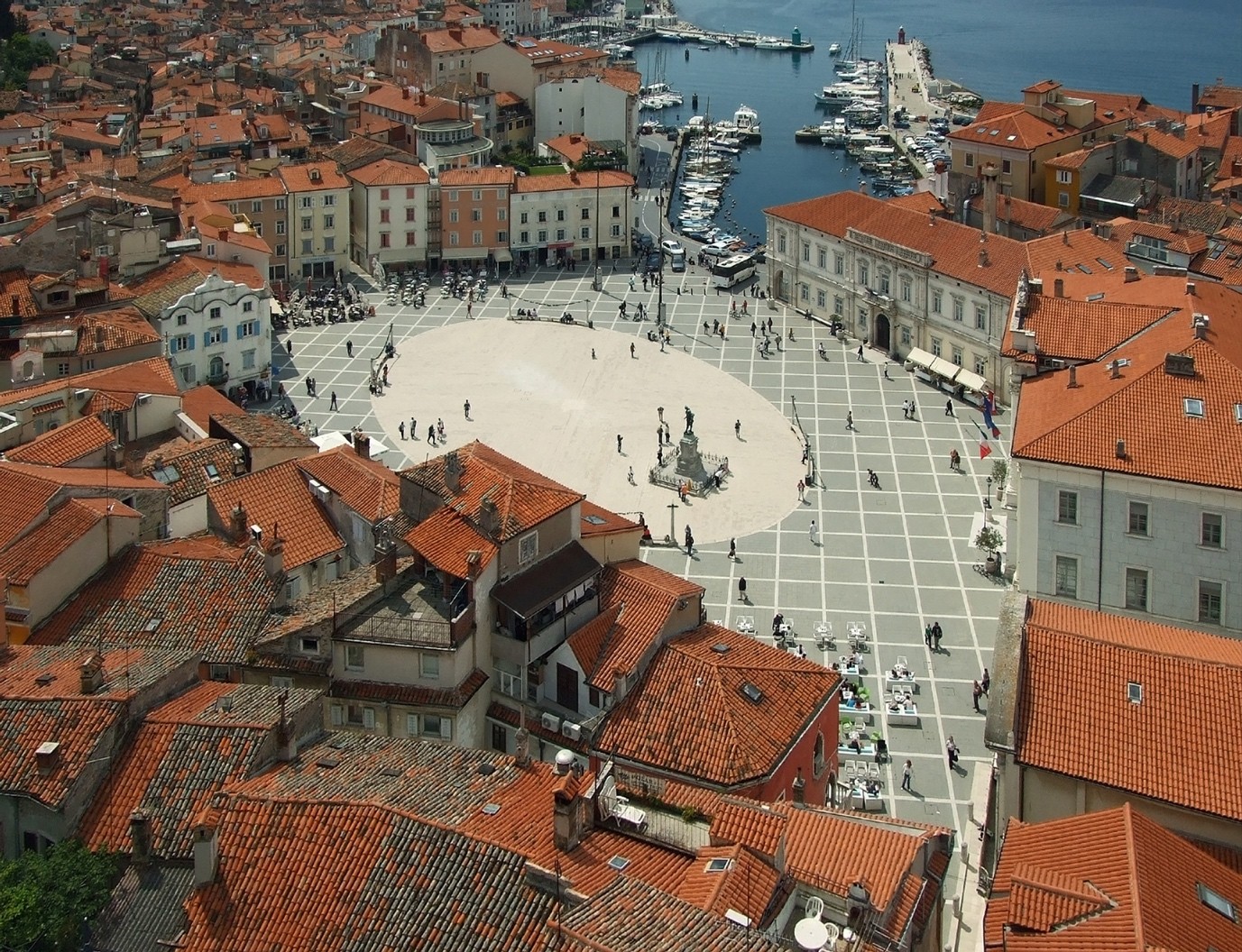 Tartini Square in Piran seen from the bell tower of St George's Church, ringed by terracotta rooftops
