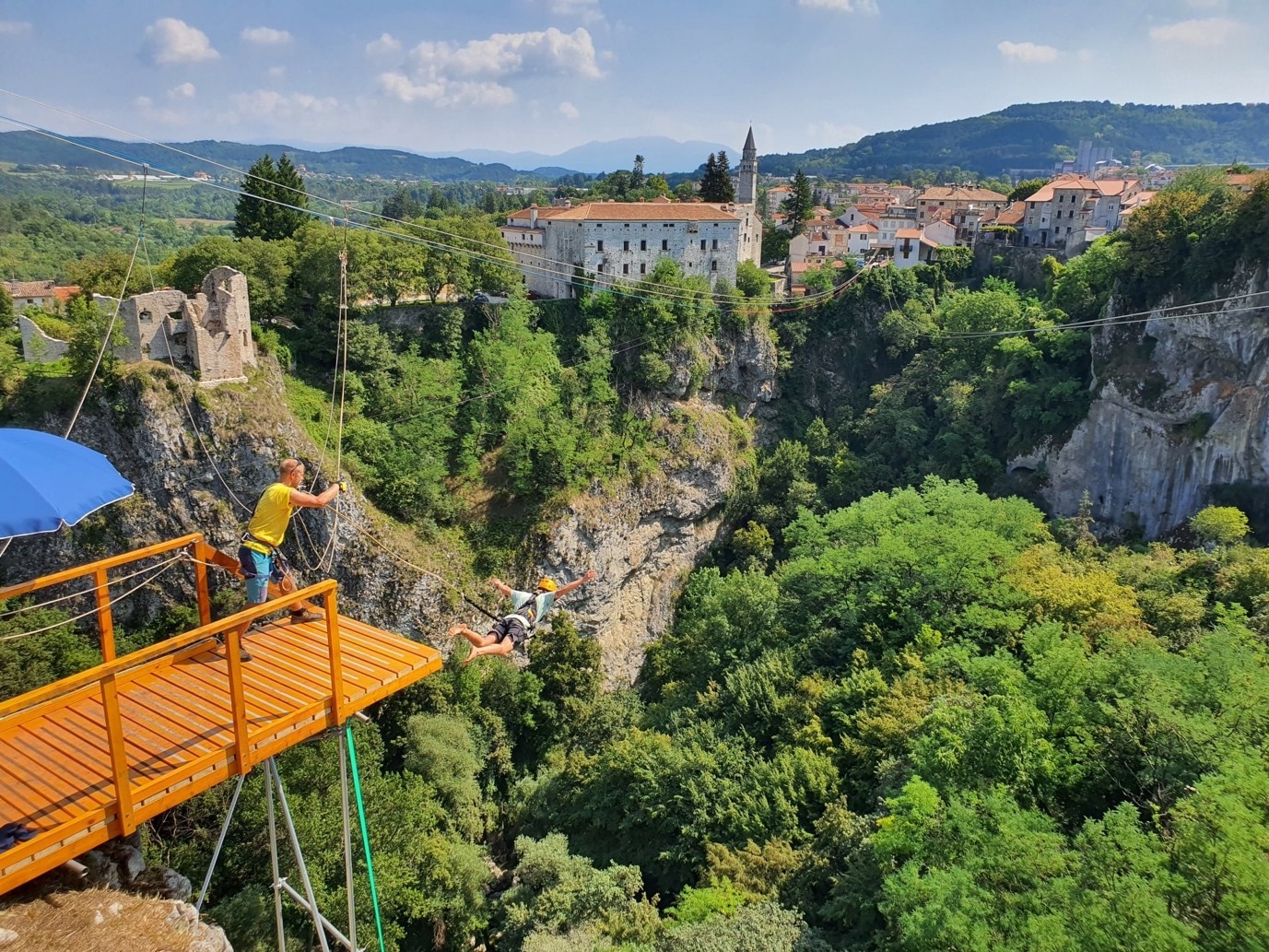 The zipline launch platform above the wooded gorge of the Pazin abyss